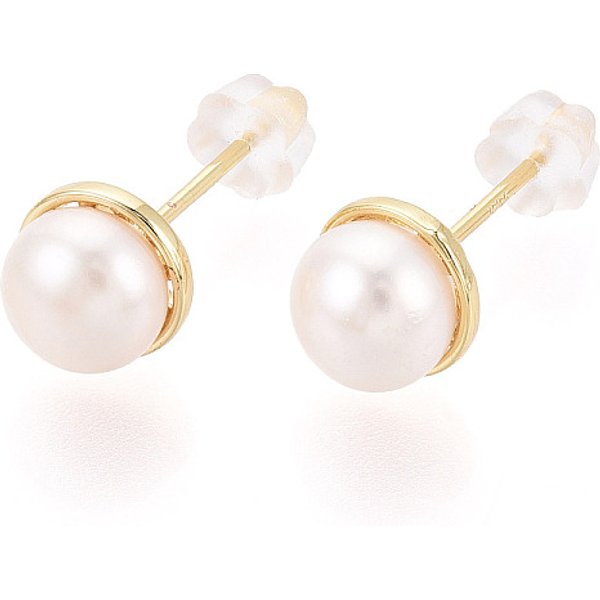 Brass Natural Pearl Stud Earrings, Half Round, Real 18K Gold Plated, 7-7.5Mm-image