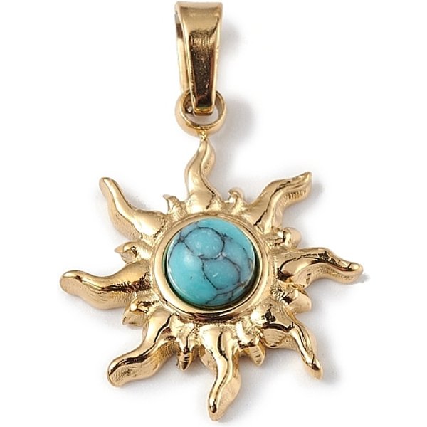 Acero Inoxidable 304 Con Revestimiento IóNico (Ip) Y Dijes De Sol De Turquesa SintéTica., Dorado, 12.5X14X4Mm, Agujero: 3X4 Mm-image