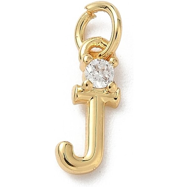 Brass Pave Clear Cubic Zirconia Charms, Letter Charms, With Jump Ring, Rack Plating, Long-Lasting Plated, Lead Free & Cadmium Free, Real 18K Gold Plated, Letter J, 12-12.5X3-10X2.3Mm, Hole: 3.3Mm-image