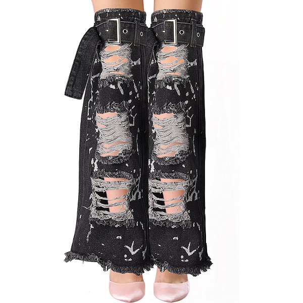 Tessuto Denim Maniche Gambe Strappate, Scaldamuscoli, Con Cintura, Nero, 520X270X5Mm-image