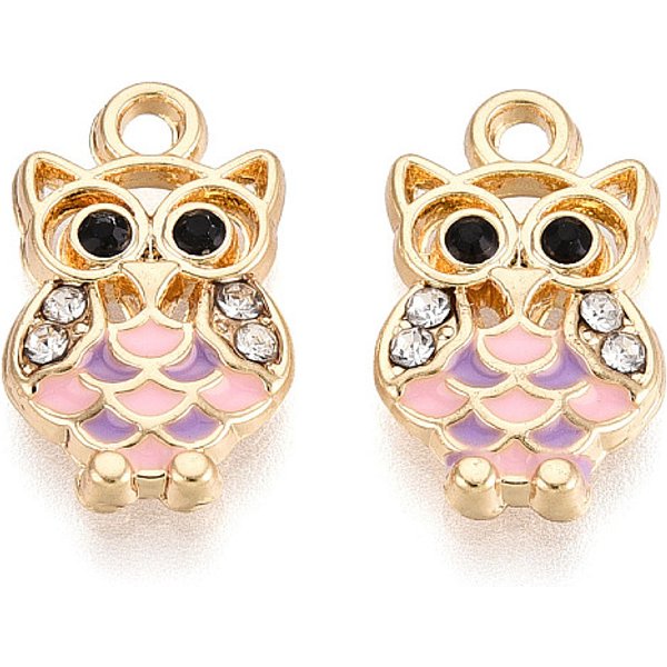 Pendentifs En éMail En Alliage Doré, Charme De Hibou, Avec Strass, Sans Plomb & Sans Nickel & Sans Cadmium , CréMaillèRe Plaquage, Rose, 16X10X2Mm, Trou: 1.6Mm-image