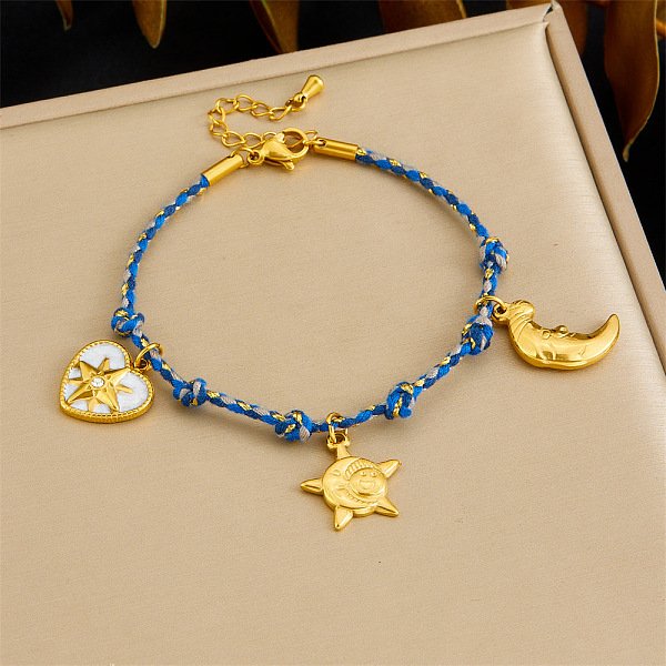 304 Stainless Steel Rhinestone Charm Bracelets For Women, Heart & Moon & Star, With Nylon Rope & Enamel, Golden, 6-5/8 Inch(16.9Cm)-image