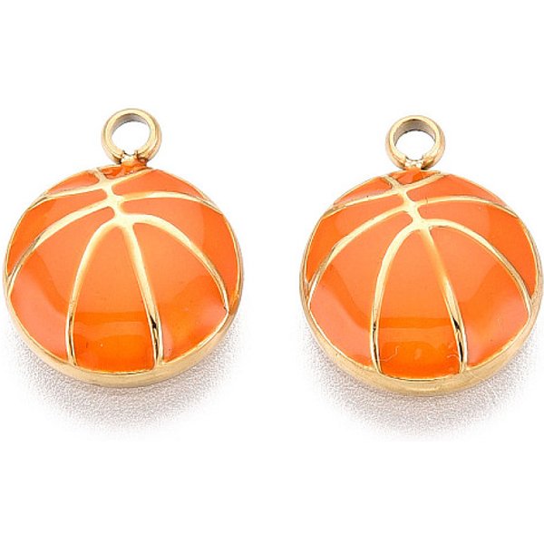 304 Edelstahl-Emaille-AnhäNger, Basketball-Charme, Ionenbeschichtung (Ip), Echtes 18K Vergoldet, Dunkelorange, 12X9.5X2 Mm, Bohrung: 1.5 Mm-image