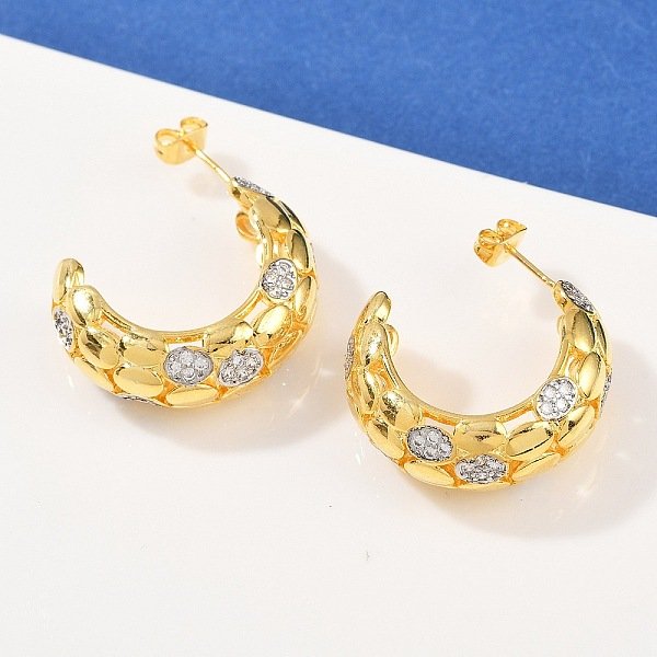 C-FöRmige Ohrstecker Aus Messing Mit Mikropavé Und Zirkonia, Langlebig Plattiert, Gestell, Echtes 18K Vergoldet, 29X10 Mm-image