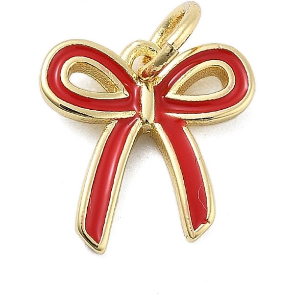 Brass Enamel Charms, with Jump Ring, Rack Plating, Lead Free & Cadmium Free, Long-Lasting Plated, Bowknot Charm, Real 18K Gold Plated, FireBrick, 11.5x11.5x2mm, Hole: 3.4mm