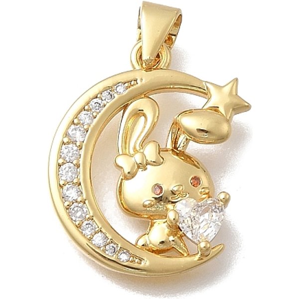 Brass Micro Pave Clear Cubic Zirconia Pendants, Moon With Bunny, Cadmium Free & Lead Free, Rack Plating, Long-Lasting Plated, Real 18K Gold Plated, 20X17X4.5Mm, Hole: 4.5X3.5Mm-image