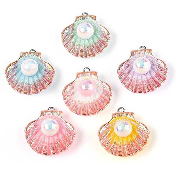 Pendenti In Resina Opaca, Forma A Conchiglia, Con Passante In Ferro Tono Platino, Colore Misto, 28.5-30X26.5-27X12-13Mm, Foro: 1.8-2 Mm-image