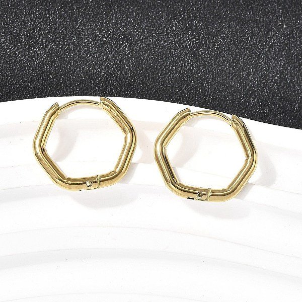 201 Stainless Steel Hoop Earrings, With 316 Surgical Stainless Steel Pins, Ion Plating(Ip), Real 18K Gold Plated, Hexagon, 17X19X2.5Mm-image