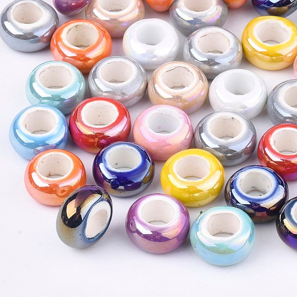 Cuentas de porcelana electrochapa, Abalorios de grande agujero, color de ab chapado, rerondana plana, color mezclado, 12-13x6.5mm, agujero: 6 mm