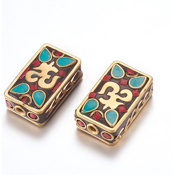 Handmade Indonesia Beads, With Brass Findings, Nickel Free, Rectangle With Om Symbol, Raw(Unplated), 24X14.5-15X8Mm, Hole: 2Mm-image
