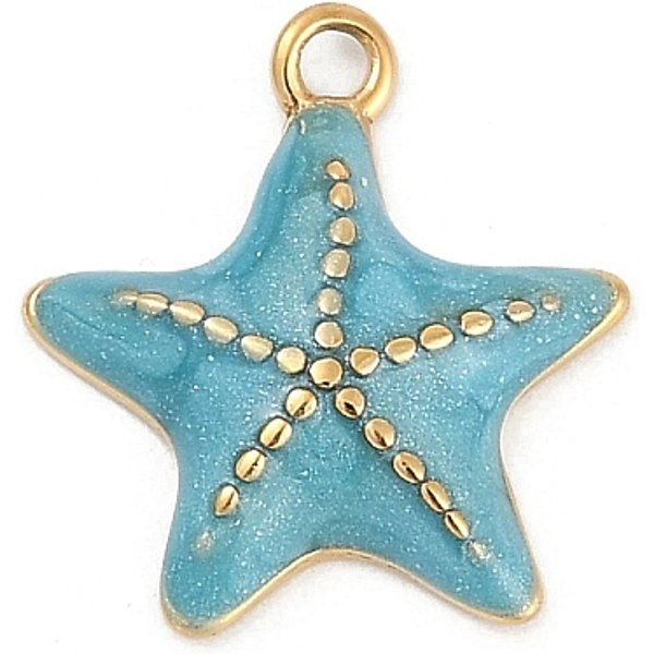 Ciondoli In Acciaio Inox Smaltato 304, Ciondoli Stella Marina, Vero Placcato Oro 18K, Placcatura Ionica (Ip), Blue Steel, 16X15X3.5Mm, Foro: 1.4 Mm-image