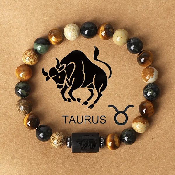 12 Constellations Natural Tiger Eye & Picture Jasper Round Beaded Stretch Bracelets For Men Women, Column, Taurus, 7-1/8 Inch(18Cm)-image