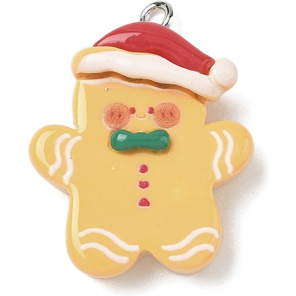 Christmas Theme Opaque Resin Pendants, with Platinum Iron Loop, Gingerbread Man, 29.5x23x8mm, Hole: 2mm