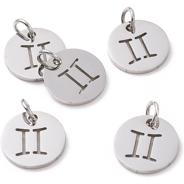 Breloques En Acier Inoxydable 304 Anti-Ternissement, Plat Rond Avec Constellation / Signe Du Zodiaque, Gemini, 12X1Mm, Trou: 3Mm-image