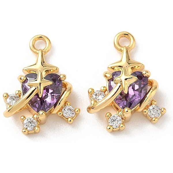Brass Micro Pave Cubic Zirconia Pendants, Heart, Nickel Free, Real 18K Gold Plated, Purple, 15X11.5X7.5Mm, Hole: 1.5Mm-image