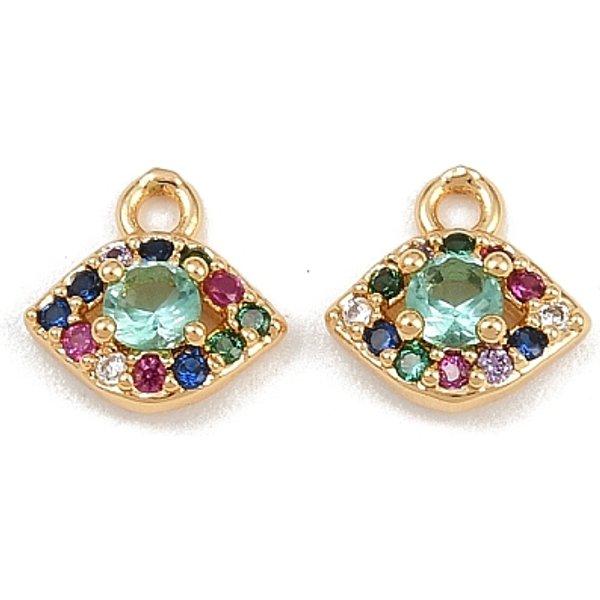 Brass Micro Pave Cubic Zirconia Pendants, Eye Charms, Real 18K Gold Plated, Aquamarine, 7.5X8X3Mm, Hole: 1.1Mm-image