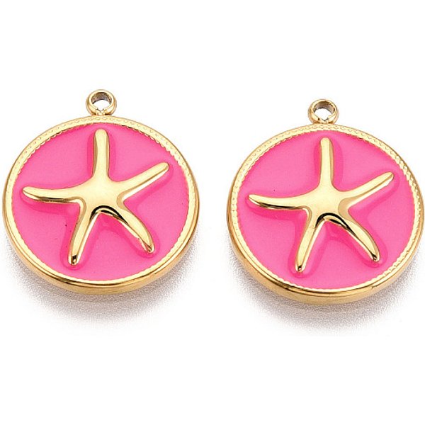Pendentifs En Acier Inoxydable 304 éMailléS, Plat Rond Avec Les éToiles, Placage Ionique (Ip), VéRitable 18K Plaqué Or, Rose Chaud, 17.5X15X2.5Mm, Trou: 1.4Mm-image