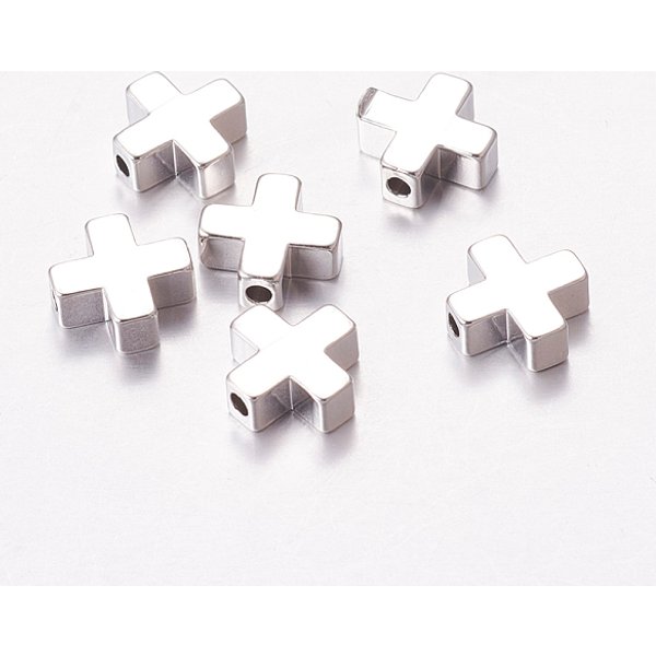 Perline in ottone, croce, Vero platino placcato, 8x8x3mm, Foro: 1.4 mm