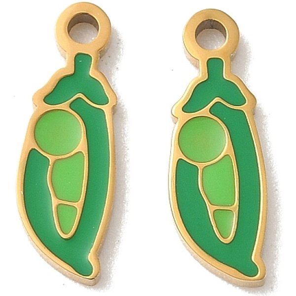 304 Stainless Steel Enamel Pendants, Pea Charms, Ion Plating(Ip), Real 18K Gold Plated, 14X5X1.4Mm, Hole: 1.4Mm-image