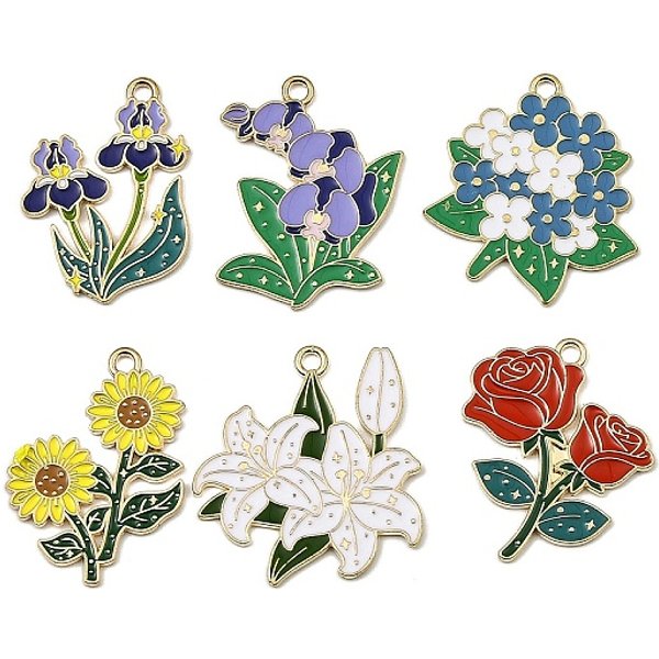 Alloy Enamel Pendants, Flower, Golden, Mixed Color, 28.5-31x21-29x1.5mm, Hole: 2mm