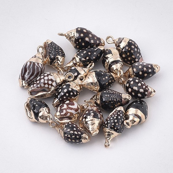 Electroplate Spiral Shell Pendants, with Iron Findings, Golden, Black, 16-20x8-11x7-10mm, Hole: 1.5mm