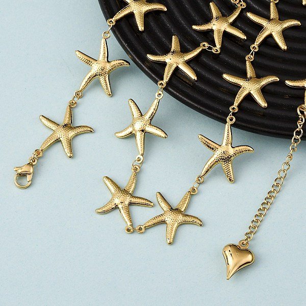 Beach 304 Stainless Steel Sea Animals Link Chain Necklaces For Women, Golden, Starfish, 20.51 Inch(52.1Cm)-image