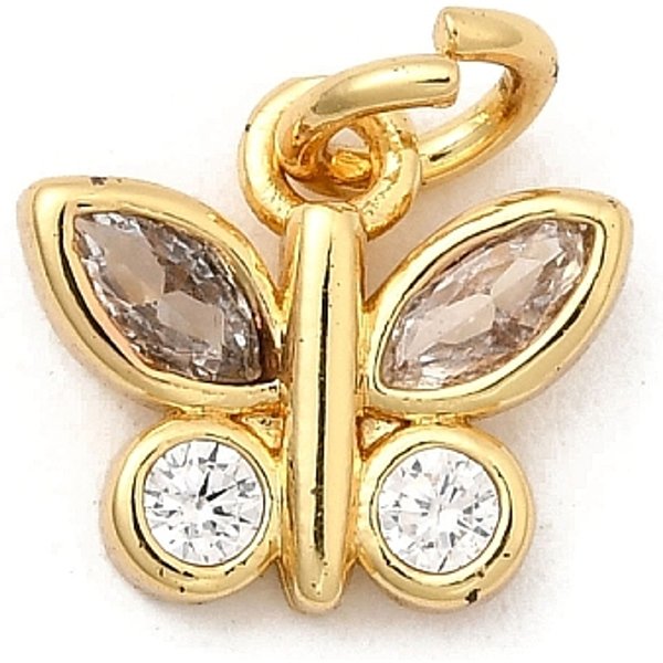 Colgante micropavé cubic zirconia de latón, charms de la mariposa, sin plomo y el cadmio, Plateado de larga duración, con anillo de salto, real 18k chapado en oro, 8.5x9.5x2mm, agujero: 3 mm