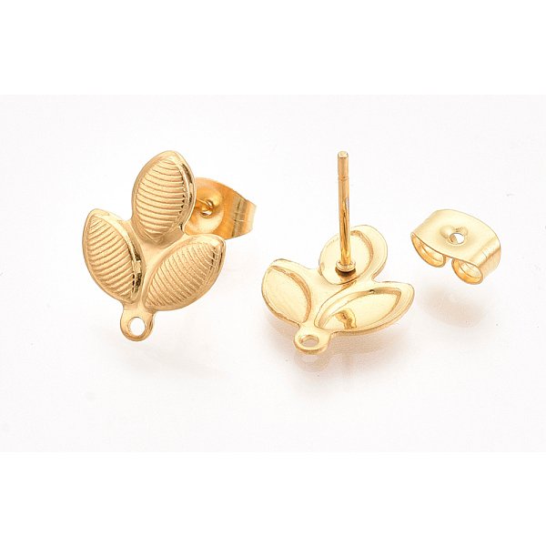 Boucles D'oreilles à Tige En Acier Inoxydable 304, Avec Boucle Et Poussoirs D'oreilles / Fermoirs De Boucles D'oreilles, Feuille, VéRitable Plaqué Or, 14X11Mm, Trou: 1Mm, Pin: 0.7 Mm-image