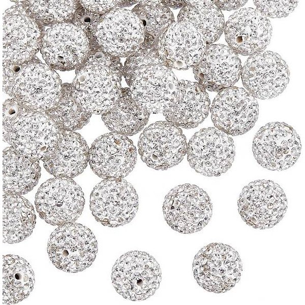 Pave Disco Ball Beads, Polymer Clay Rhinestone Beads, Grade A, Crystal, PP15(2.1-2.2mm), 14mm, Hole: 2mm