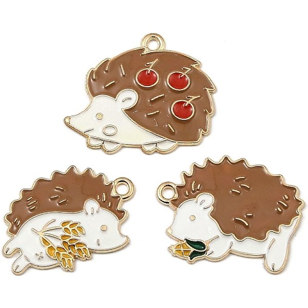 Alloy Enamel Pendants, Hedgehog With Wheat Charms, Golden, Camel, 24-28.5X19-29X2Mm, Hole: 2Mm-image