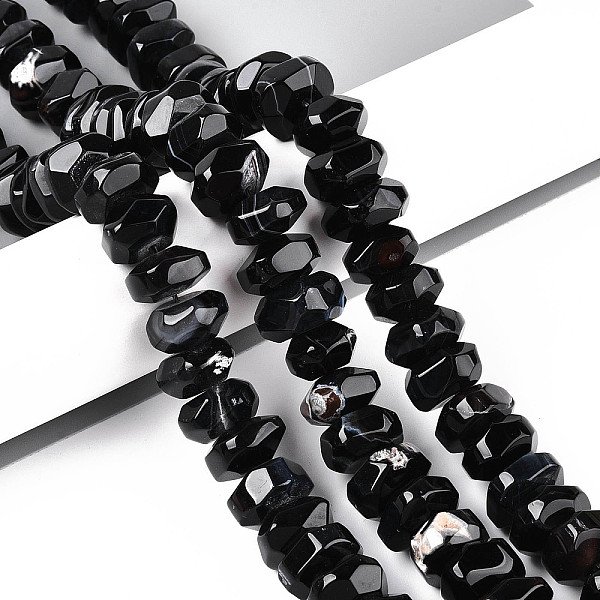 Natural Agate Beads Strands, Dyed, Faceted, Rondelle, Black, 11-18X11-18X8-10Mm, Hole: 1.2Mm, About 40-41Pcs/Strand, 14.57-14.96 Inch(37-38Cm)-image
