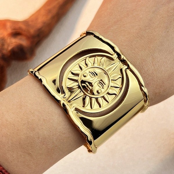 304 Stainless Steel Cuff Bangles For Women, Sun, Golden, 1-3/4 Inch(4.5Cm), Inner Diameter: 2-1/2 Inch(6.3Cm)-image