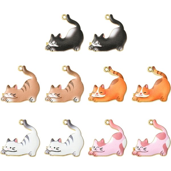 10Pcs Rack Plating Alloy Enamel Pendants, Golden, Cat Charm, Mixed Color, 25X25X2Mm, Hole: 2Mm-image