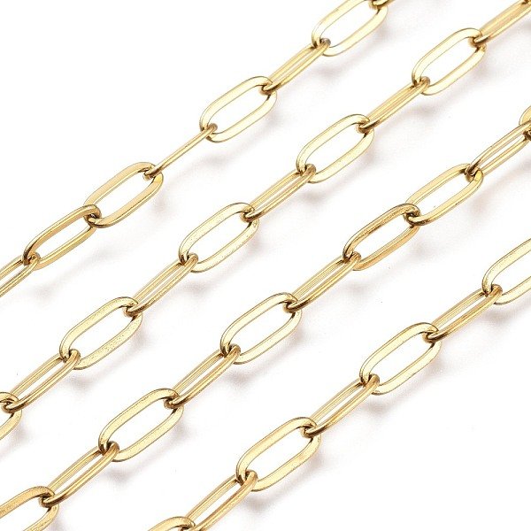 Cadenas Portacables De Acero Inoxidable 304 Con Recubrimiento IóNico (Ip), Cadenas De Clips, Cadenas Portacables Alargadas Estiradas, Soldada, Con Carrete, Real 18K Chapado En Oro, 9.7X4.2X0.9-1Mm, Aproximadamente 32.8 Pie (10 M) / Rollo-image