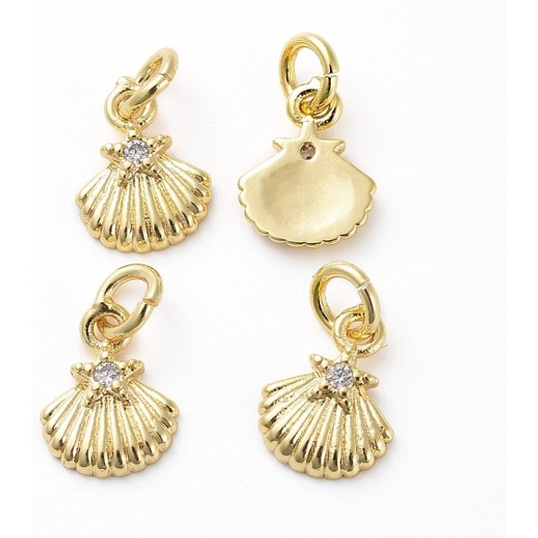 Brass Micro Pave Cubic Zirconia Pendants, For Diy Jewelry Making, With Jump Rings, Scallop, Clear, Golden, 10X7.5X2Mm, Hole: 3Mm-image
