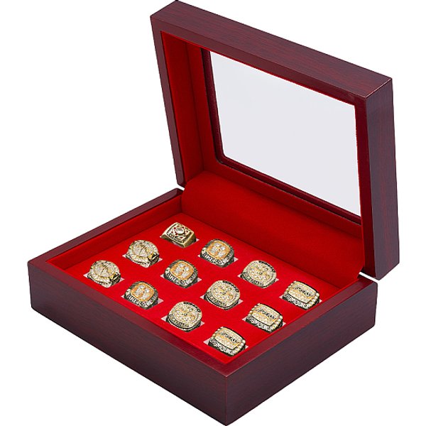 Vitrines de présentation de bagues de championnat en bois à 12 compartiment, boîtes d'emballage de bagues avec éponge à l'intérieur et couvercle à charnière avec fenêtre en PVC, rectangle, brun coco, 15.7x19.7x7.1 cm