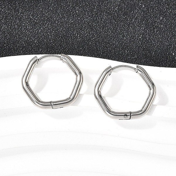 201 Stainless Steel Hoop Earrings, With 316 Surgical Stainless Steel Pins, Stainless Steel Color, Hexagon, 17X19X2.5Mm-image