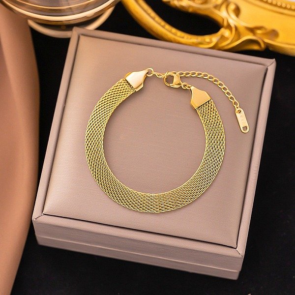 304 Stainless Steel Mesh Chains Bracelets For Women, Golden, 6-7/8 Inch(17.4Cm)-image