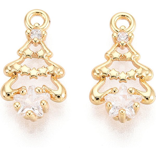Breloques En Laiton Avec Zircone Cubique De Micro Pave, Arbre De NoëL, Plaqué Longue DuréE, Sans Nickel, VéRitable 18K Plaqué Or, Clair, 14.5X7.5X2.5Mm, Trou: 1.4Mm-image