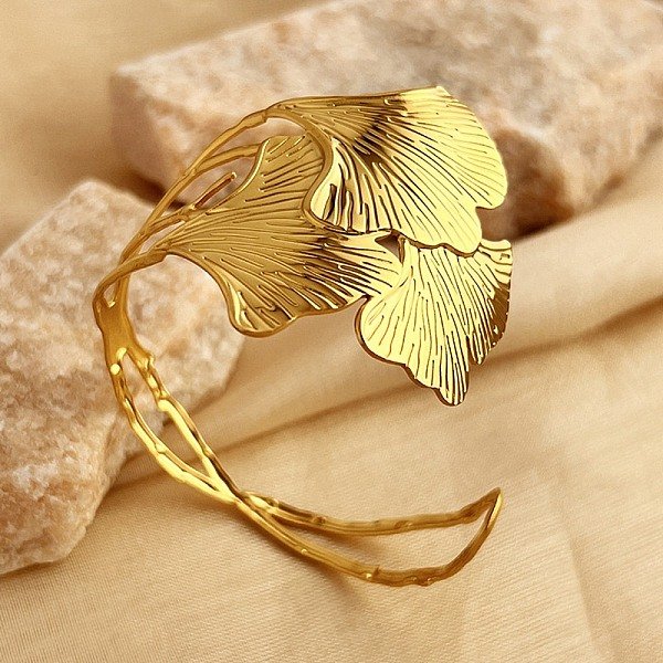 Bracelets manchettes ouverts en acier inoxydable 304, feuille, véritable 18k plaqué or, 2 pouce (5.1 cm), diamètre intérieur: 2x2-3/8 pouce (5x6 cm)