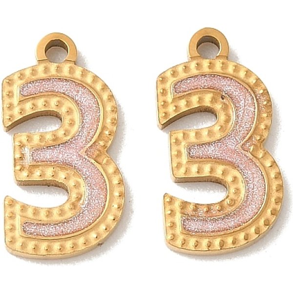 304 Edelstahl-Emaille-AnhäNger, Ionenbeschichtung (Ip), Nummer 3 Charme, Mit Glitzerpulver, Echtes 18K Vergoldet, 14-14.5X7.5-9X1.3 Mm, Bohrung: 1.3 Mm-image