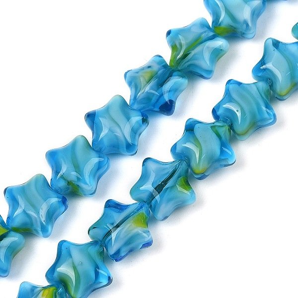 Handmade Millefiori Glass Beads Strands, Star, Deep Sky Blue, 11-12x12x7-8mm, Hole: 0.8mm, about 49-50pcs/strand, 19.88-20.28''(50.5-51.5cm)