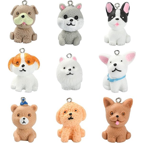 18Pcs 9 Styles Opaque Resin Pendants, 3D Dog Charms, With Platinum Tone Iron Loops, Mixed Color, 26-30.5X18-22.5X19.5-25Mm, Hole: 2Mm, 2Pcs/Style-image