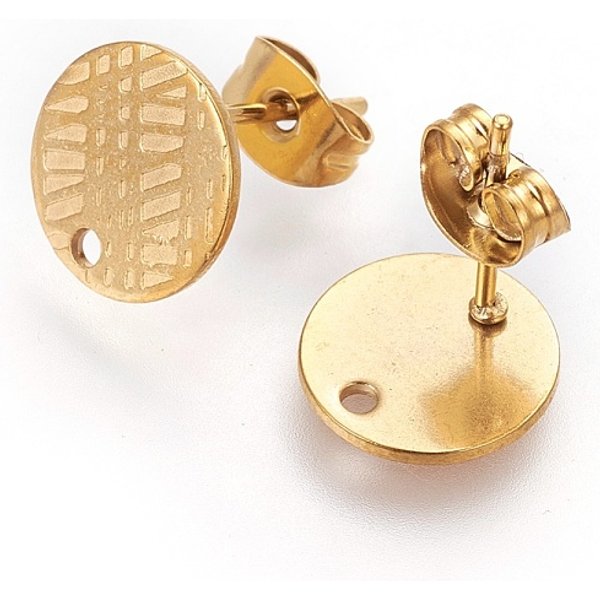 Boucles d'oreilles en acier inoxydable 304 avec placage ionique (IP), avec poussoirs d'oreilles / fermoirs de boucles d'oreilles et trou, plat rond texturé, or, 10mm, Trou: 1.2mm, pin: 0.8 mm