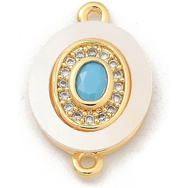 Messing Micro Pave Klare Zirkonia & Muschel VerbindungsstüCk Charms, Mit Himmelblauem Glas, Echtes 18K Vergoldet, Oval, 17X11X2.5 Mm, Bohrung: 1.2 Mm-image
