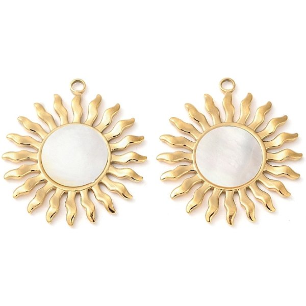 304 Stainless Steel Natural White Shell Pendants, Sun Charms, Ion Plating(Ip), Real 18K Gold Plated, 38.5X35X2Mm, Hole: 2.5Mm-image