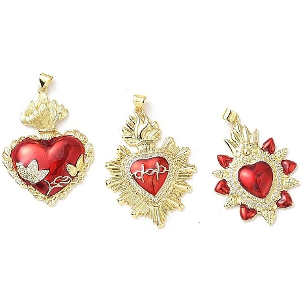 Pendentifs Avec Zircon Cubiques à Micro-PavéS En Laiton, Sacre Coeur, Avec L'éMail, CréMaillèRe Plaquage, Sans Plomb Et Sans Cadmium, Plaqué Longue DuréE, VéRitable 18K Plaqué Or, 41.5-42X30.5-31X3-5Mm, Trou: 3.5X4.5-5Mm-image