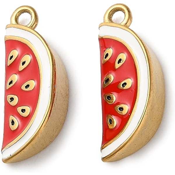 304 Stainless Steel Enamel Pendants, Ion Plating, Fruit Themes, Golden, Watermelon, 19X7X5Mm, Hole: 1.4Mm-image