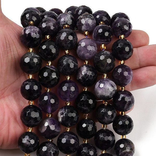 Natural Amethyst Beads Strands, Faceted, Round, With Seed Beads, 15-16Mm, Hole: 1.4-1.6Mm, About 21Pcs/Strand, 15.35-15.94 Inch(39-40.5Cm)-image