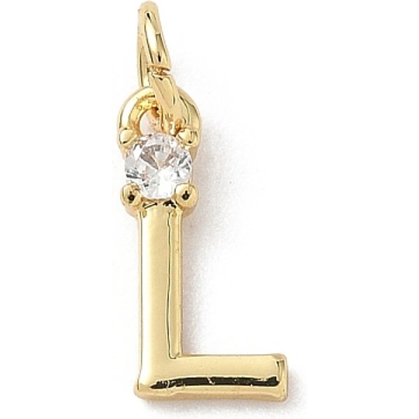 Brass Pave Clear Cubic Zirconia Charms, Letter Charms, with Jump Ring, Rack Plating, Long-Lasting Plated, Lead Free & Cadmium Free, Real 18K Gold Plated, Letter L, 12-12.5x3-10x2.3mm, Hole: 3.3mm